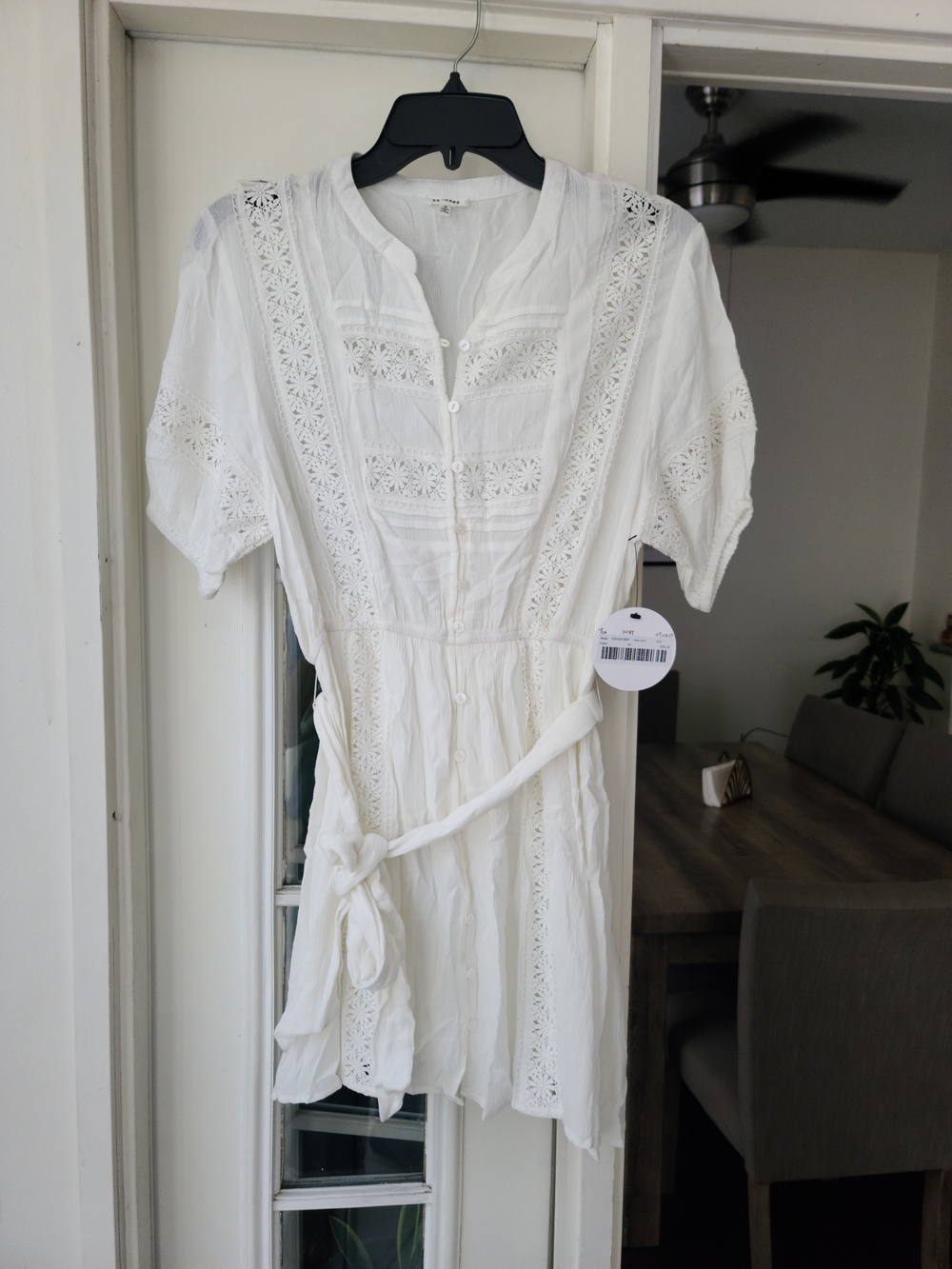 En Creme White Eyelet Button-Front Midi Dress with Tie Belt
